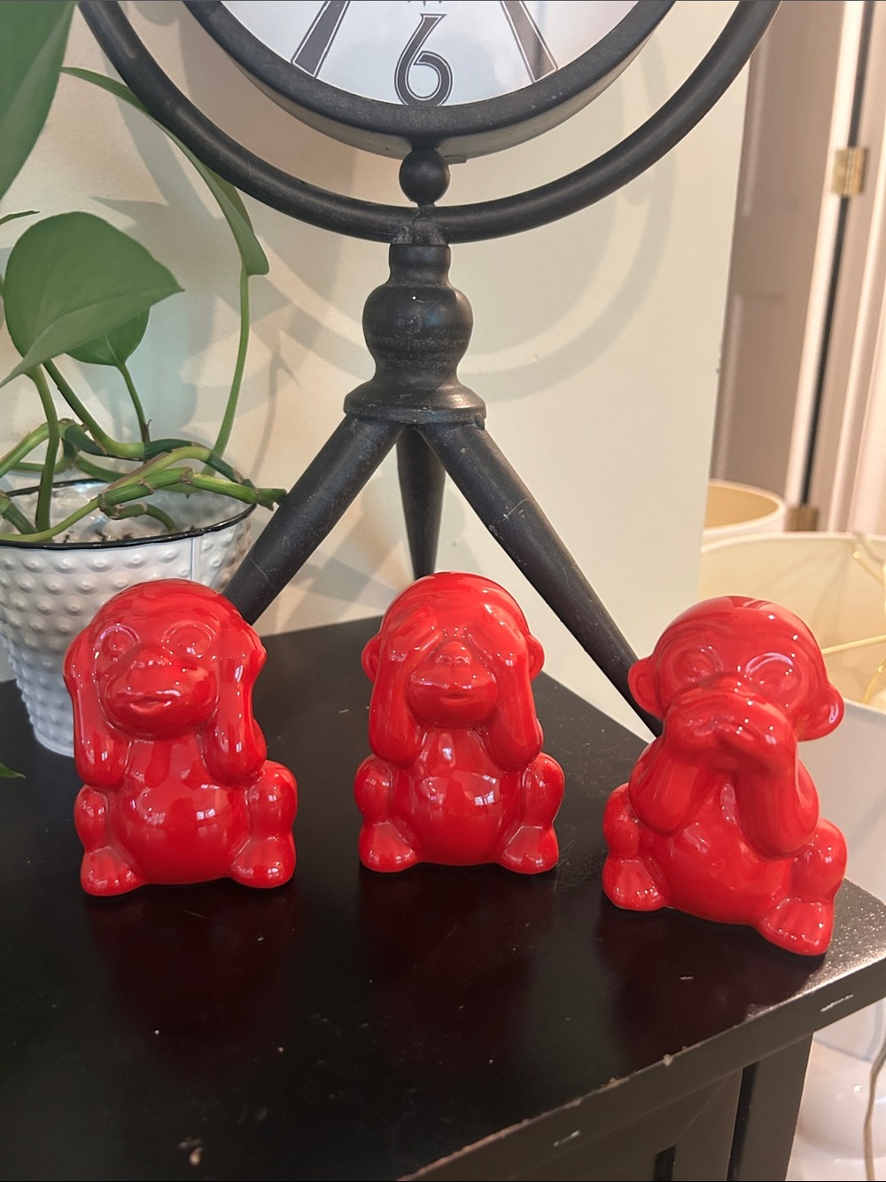 Source Unknown Red Ceramic Three Monkey Figurine Set